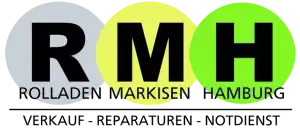 Logo der „rmh rolladen markisen hamburg“ mit den überlappenden Initialen rmh auf farbigen Kreisen, einschließlich der angebotenen Dienstleistungen